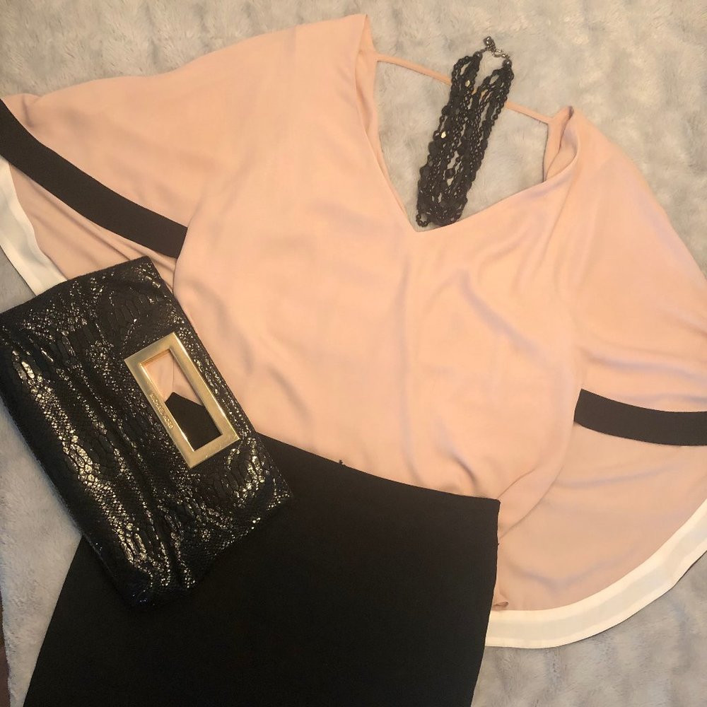Blouse, Light Pink, black trim white trim